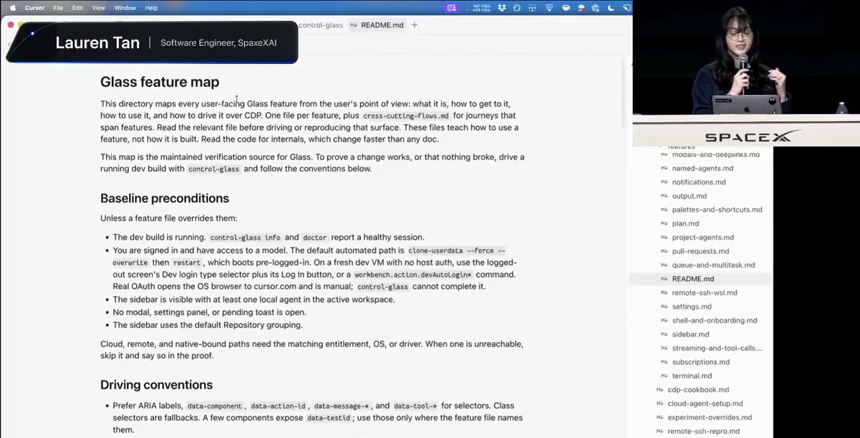 Cursor 편집기에 열린 README.md — Glass feature map 문서와 우측 파일 목록