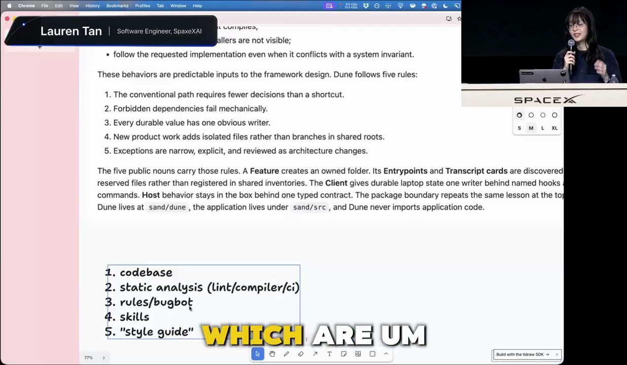 화면 공유 슬라이드 — Dune의 다섯 규칙과 손글씨 목록 1 codebase, 2 static analysis, 3 rules/bugbot, 4 skills, 5 style guide