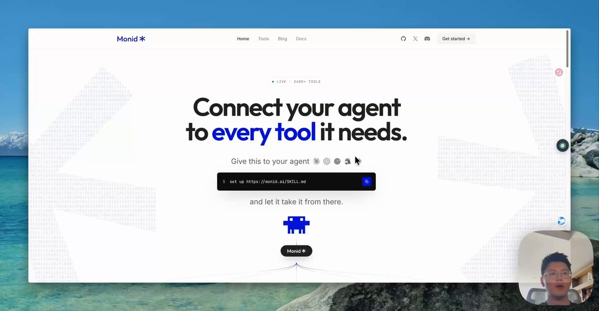 첨부 영상의 첫 화면. 브라우저에 Monid 랜딩 페이지가 떠 있고 LIVE · 2400+ TOOLS 배지, Connect your agent to every tool it needs 제목, monid.ai/SKILL.md 설치 명령 상자가 보인다. 오른쪽 아래 작은 창에 저자의 얼굴이 나온다.