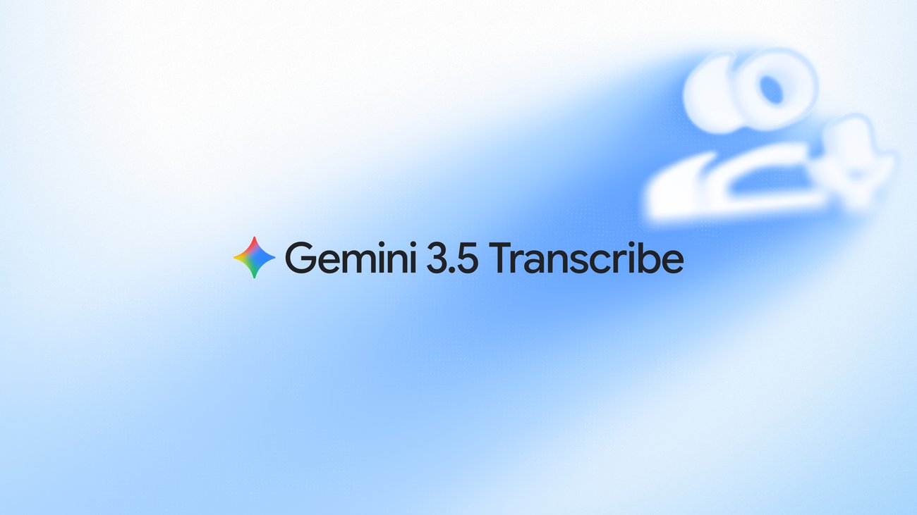 Gemini 3.5 Transcribe 로고 (파란 배경 위 텍스트와 Gemini 스파크)