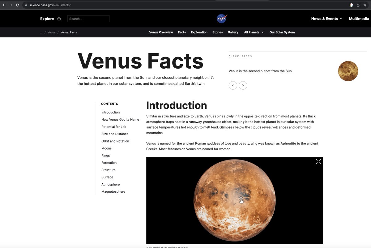 NASA 금성 사실 페이지.