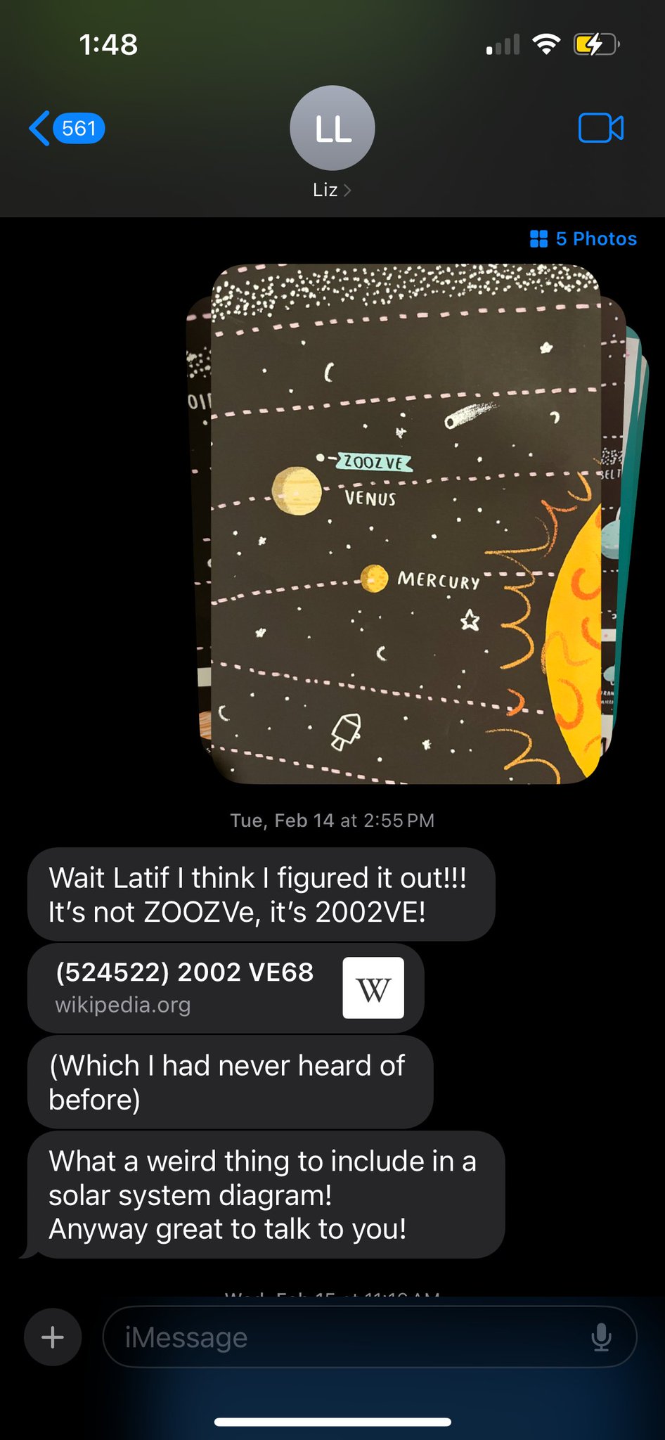 Liz Landau의 문자. ZOOZVE가 아니라 2002VE라고 적혀 있다.