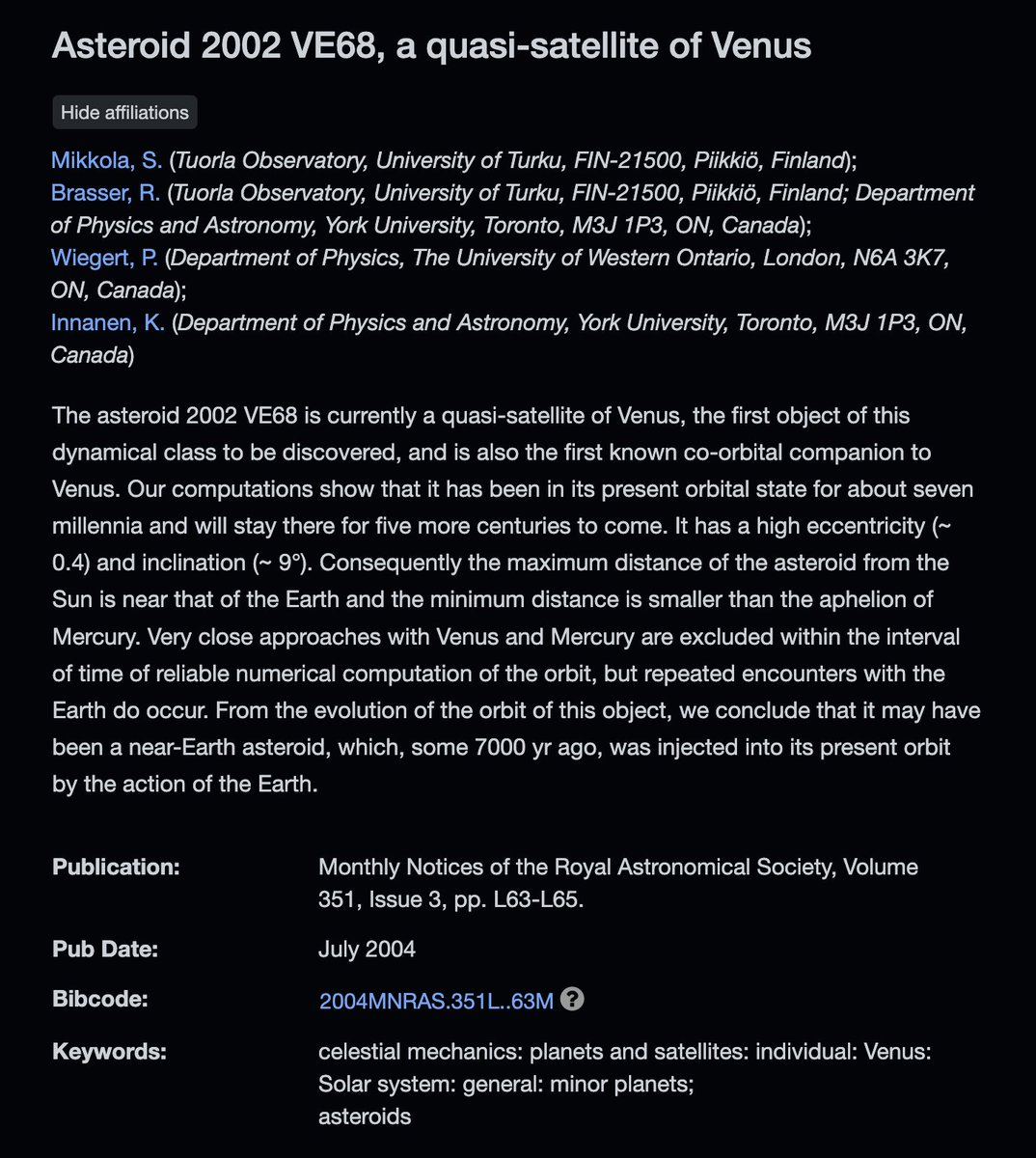 논문 첫 화면. Asteroid 2002 VE68, a quasi-satellite of Venus.