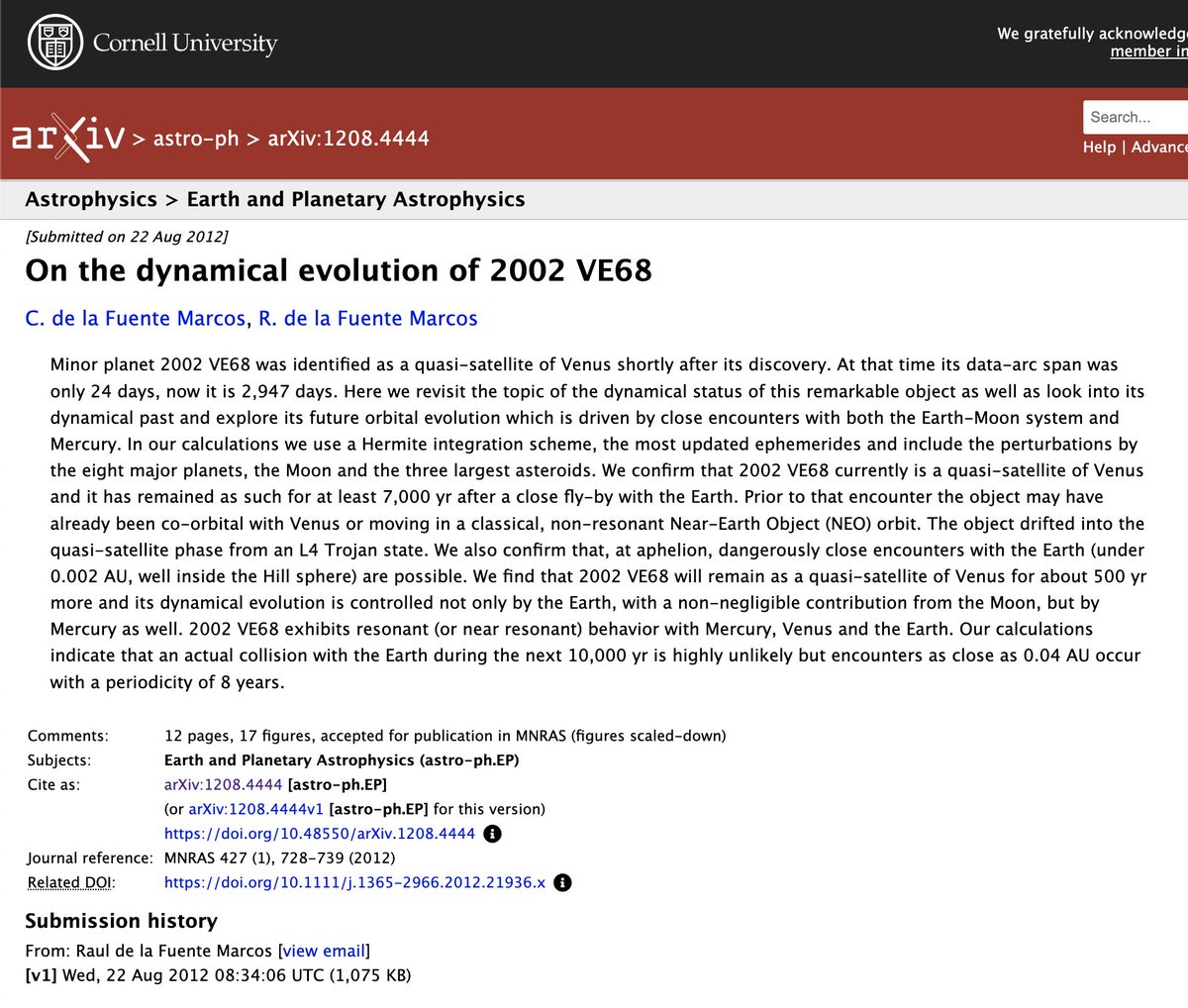 논문 제목 On the Dynamical Evolution of 2002 VE68.