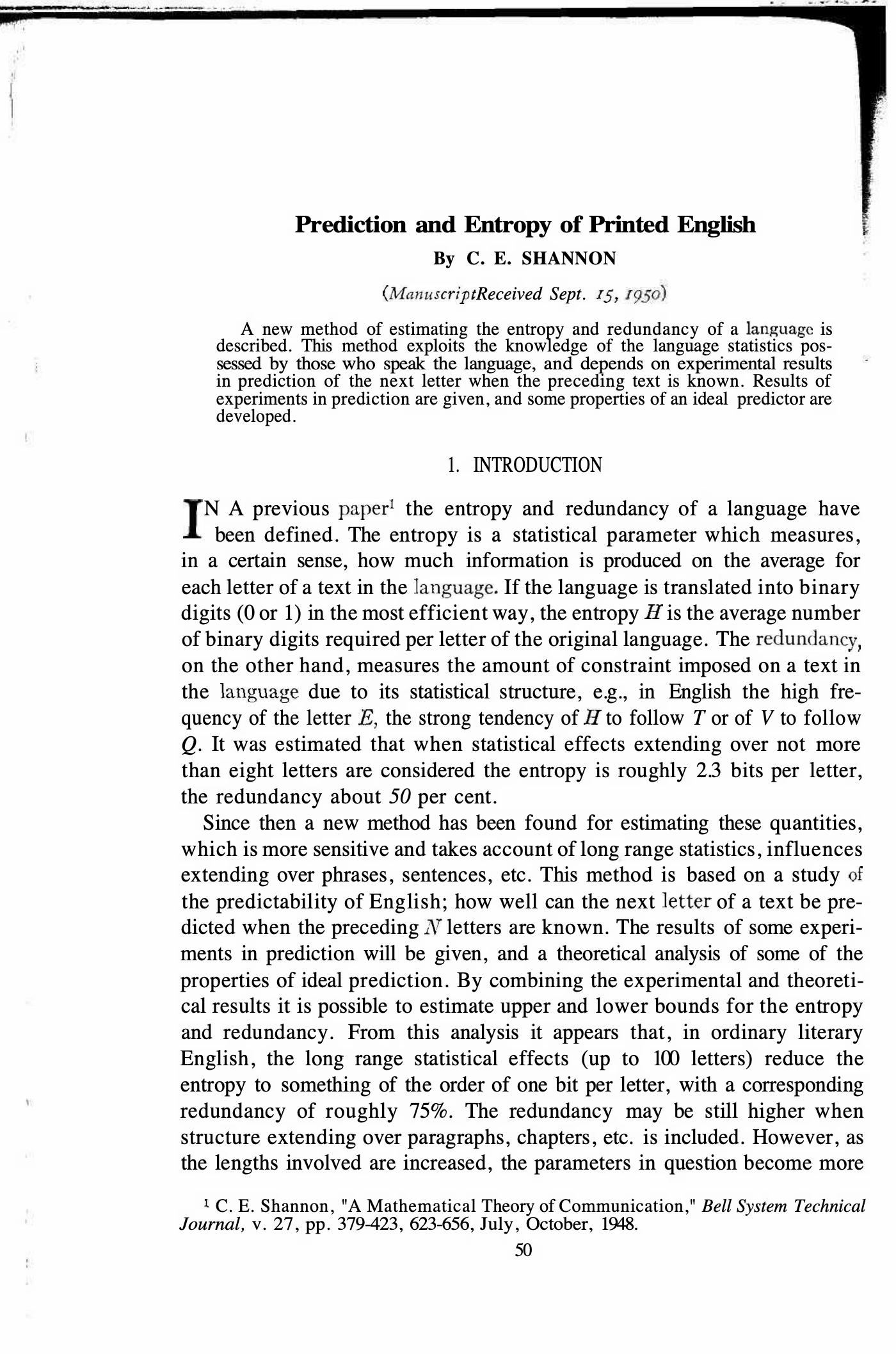 원문 첫 쪽. 제목 Prediction and Entropy of Printed English, C. E. Shannon, 인쇄면 50.
