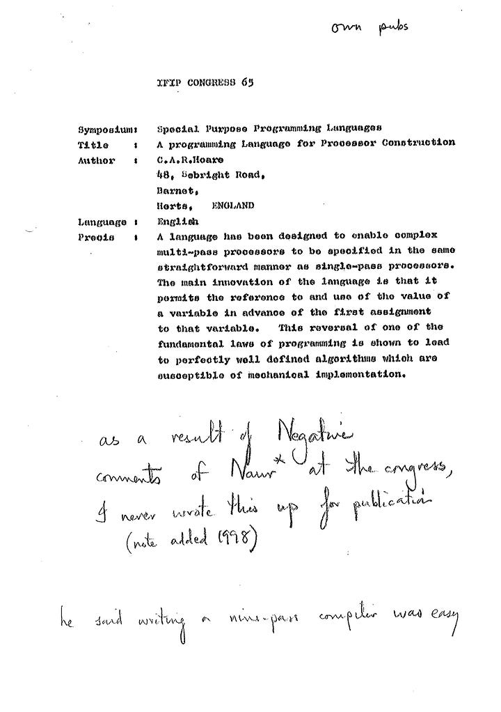 Hoare의 IFIP 1965 제안서 표지