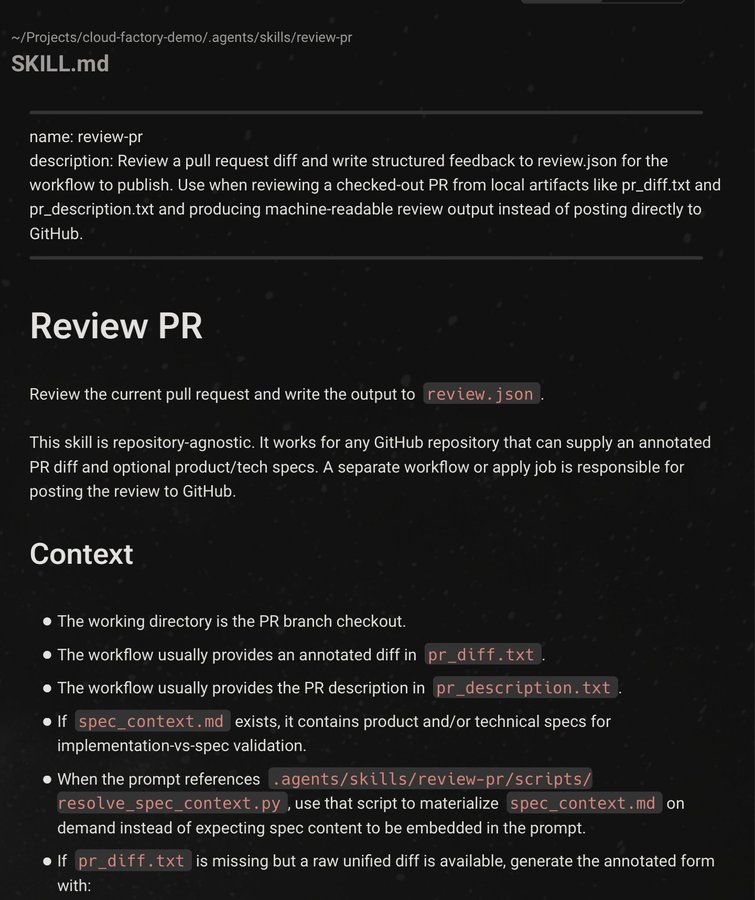 review-pr SKILL.md에서 PR diff를 검토해 review.json을 만들고, pr_diff.txt·pr_description.txt·spec_context.md를 컨텍스트로 받는다고 설명한 화면