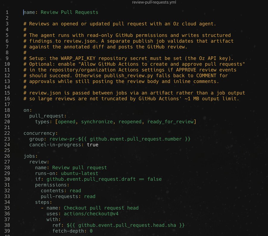 review-pull-requests.yml이 PR opened·synchronize·reopened·ready_for_review 이벤트에서 실행되고, 에이전트에는 contents와 pull-requests 읽기 권한만 주는 설정 화면