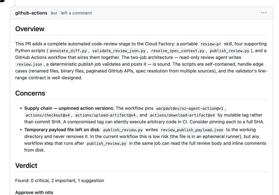 GitHub Actions 봇의 PR 리뷰가 Overview, Concerns, Verdict로 나뉘고, 고정되지 않은 액션 버전과 디스크에 남은 임시 페이로드 파일을 우려로 지적한 화면