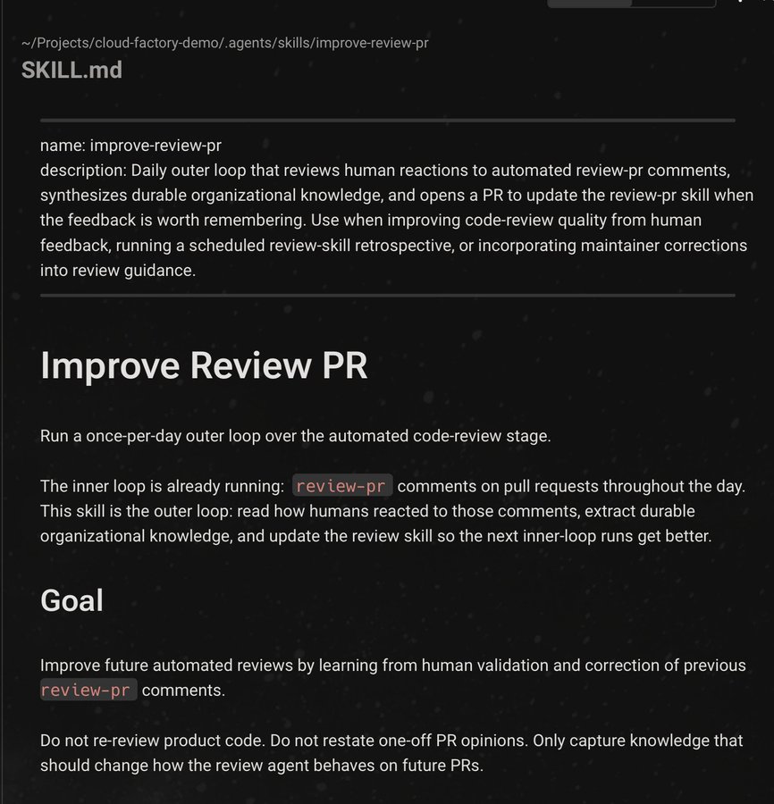 improve-review-pr SKILL.md가 하루 한 번 사람의 자동 리뷰 반응을 읽고 지속 가능한 조직 지식을 추출해 다음 review-pr 실행을 개선한다고 설명하는 화면