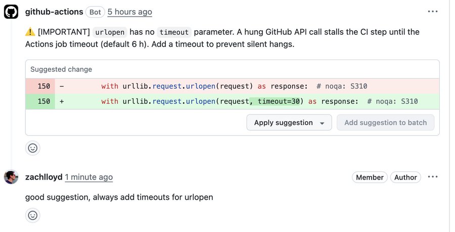 봇이 urllib.request.urlopen 호출에 timeout 매개변수가 없어 CI가 오래 멈출 수 있다고 지적하고 timeout=30을 제안하자, 작성자가 항상 타임아웃을 추가하라고 긍정한 화면